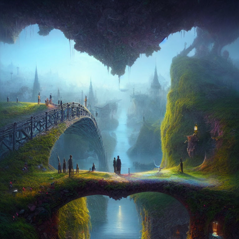 Mystical landscape with arched bridge, cloaked figures, and spired structures in ethereal