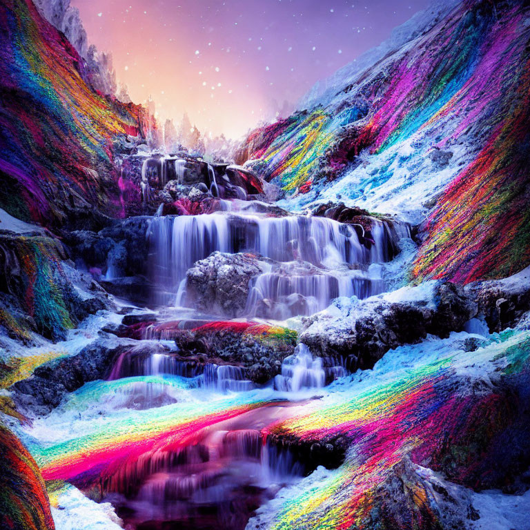 Colorful Waterfall Flowing at Night with Pink Sky