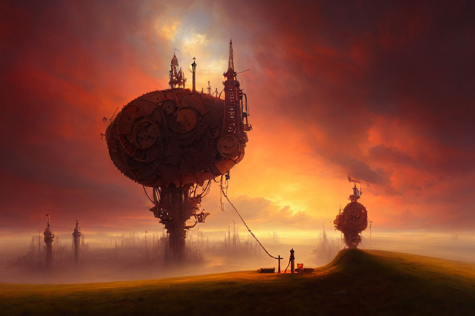 Person observing steampunk airships in dramatic sky.