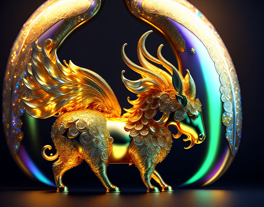 Golden ornate dragon before luminous swirling portal with pearl-like embellishments