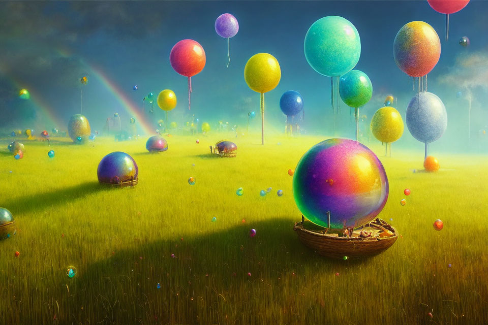 Vibrant balloons in whimsical landscape with rainbows