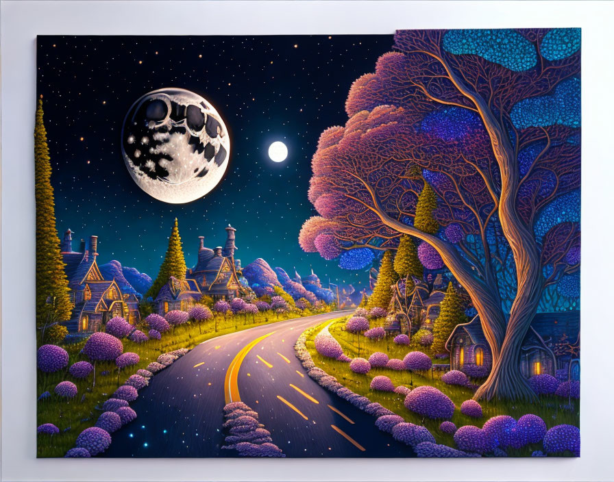 Colorful Night Scene Painting with Full Moon and Whimsical Trees