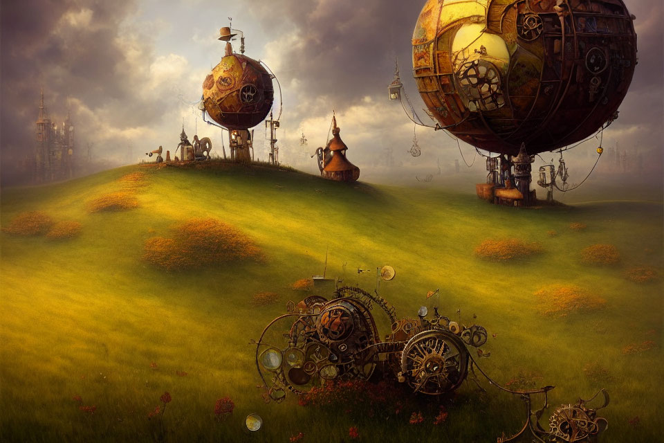 Fantasy landscape with spherical flying structures above green hillock