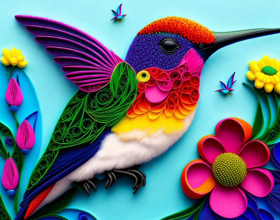 Colorful paper art of hummingbird, flowers, and birds on teal background