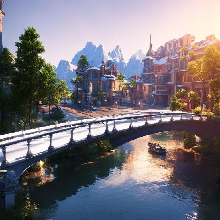 Classic architecture and river in picturesque town with mountains at sunrise