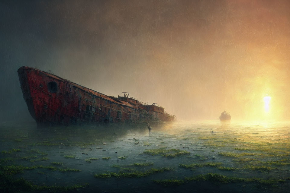 Rusted shipwreck in shallow water under stormy sky with moss and sunlit mist