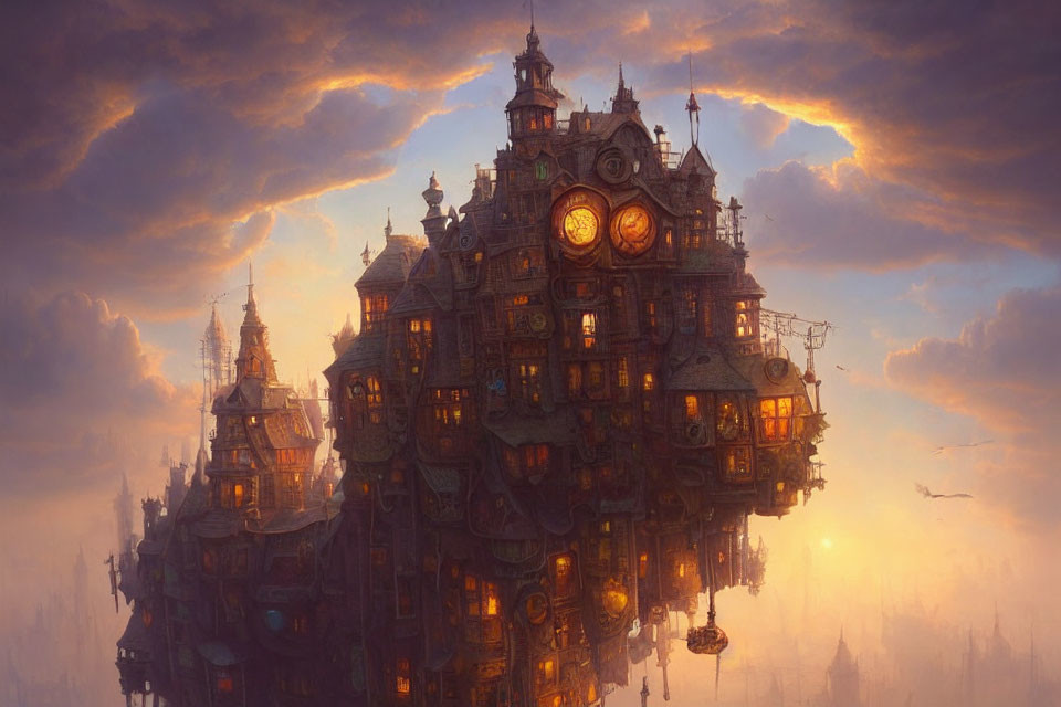 Floating steampunk building with clock faces in twilight sky, warm glows, ornate architecture,