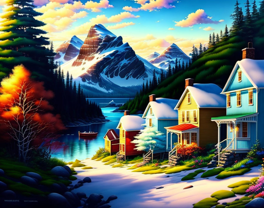 Serene lakeside scene with two houses, boats, and snow-capped mountains at sunset.