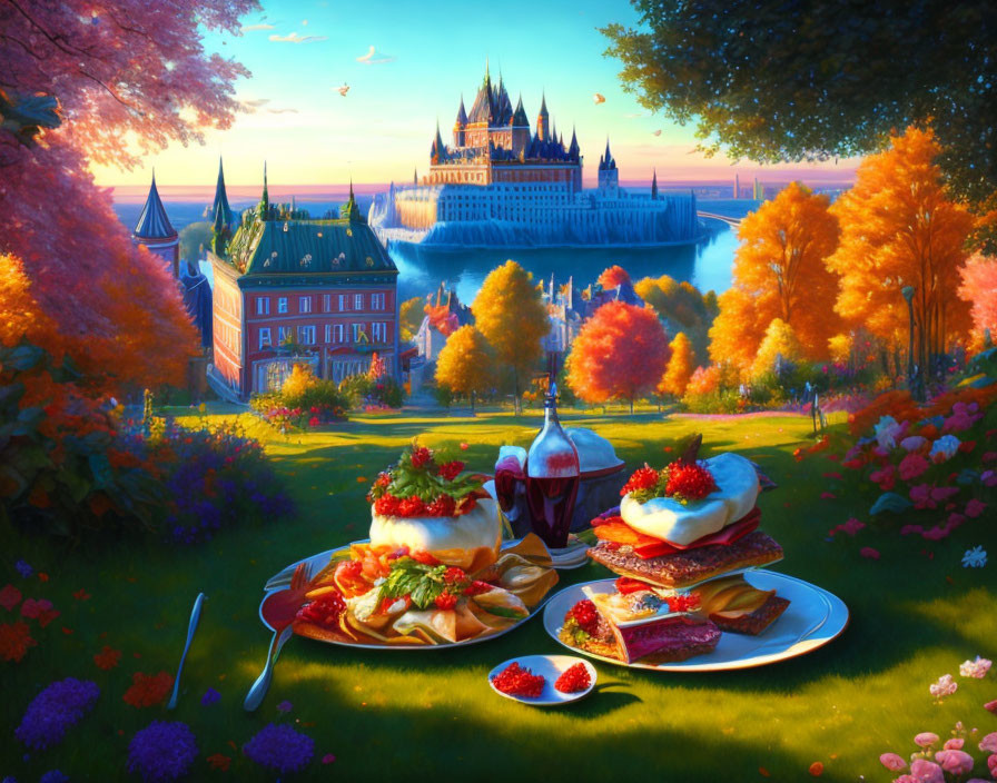 Colorful fantasy landscape with picnic and castle by the river