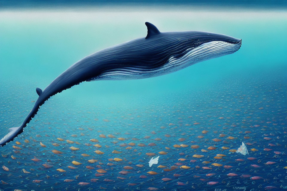 Whale swimming over colorful stones with two fish in tranquil blue waters