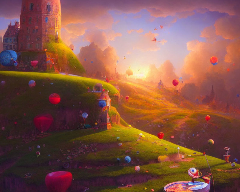 Colorful Sunset Fantasy Landscape with Hot Air Balloons, Castle, and Telescope