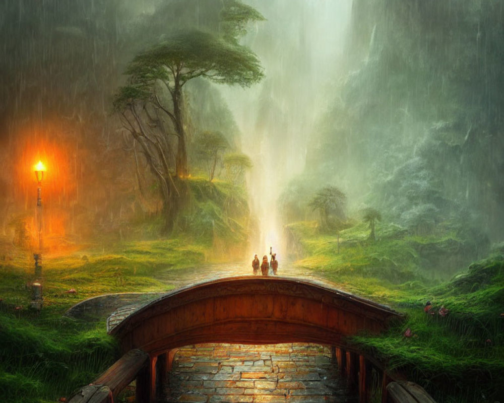 Mystical rain scene: two figures on bridge with lantern, lush greenery, misty cliffs