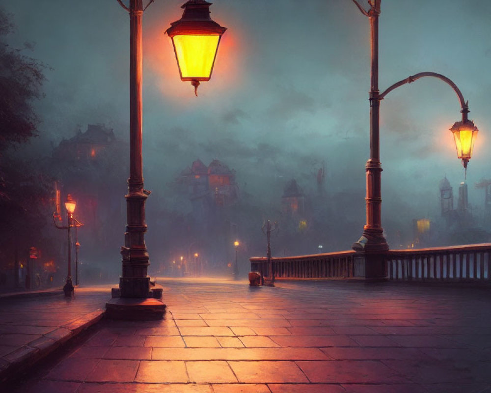 Misty evening on deserted promenade with glowing street lamps