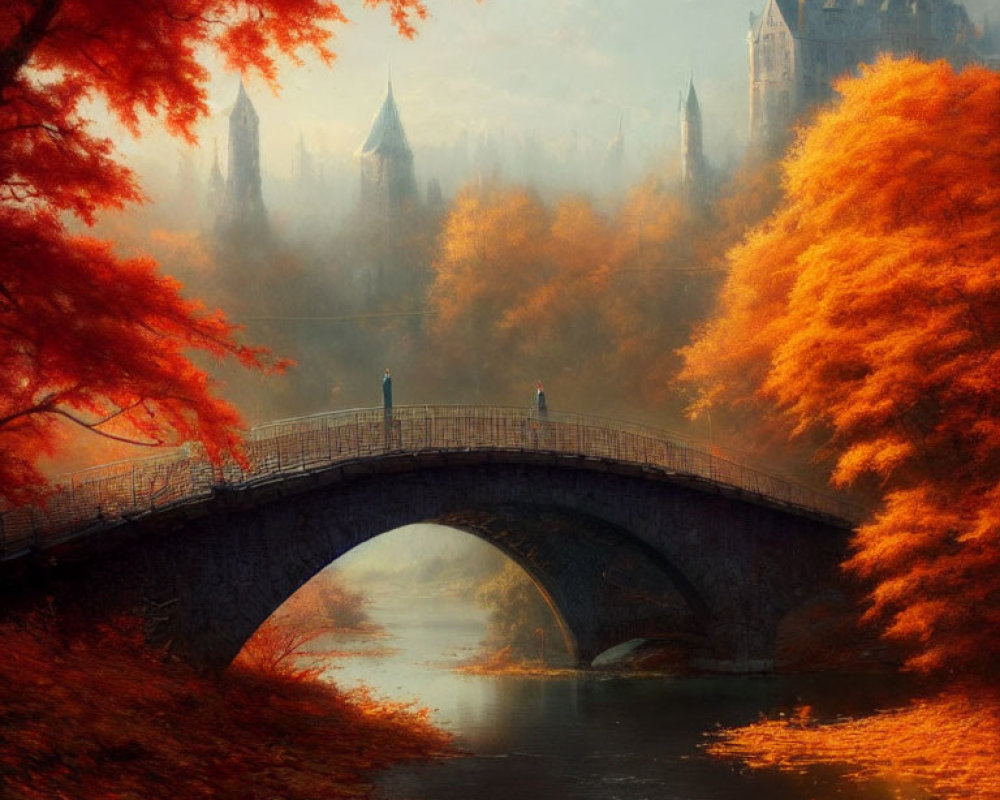 Stone bridge over river in autumn with orange trees and misty castle.