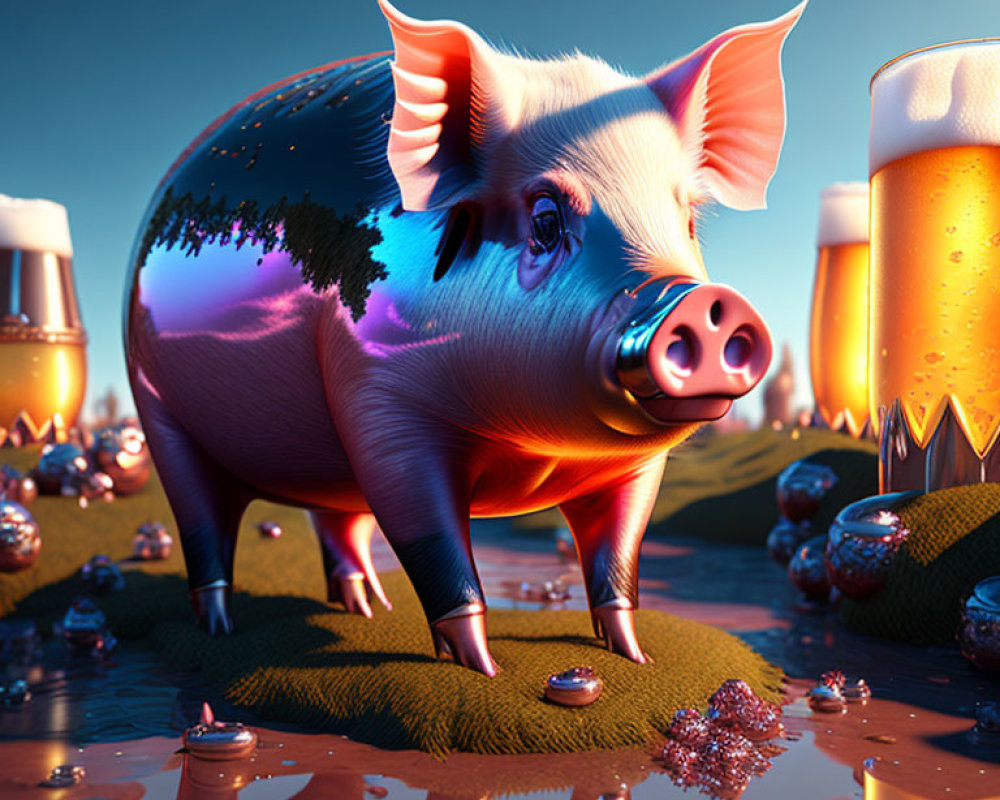 Surreal pig on grass with beer, bubbles, and mountains at twilight