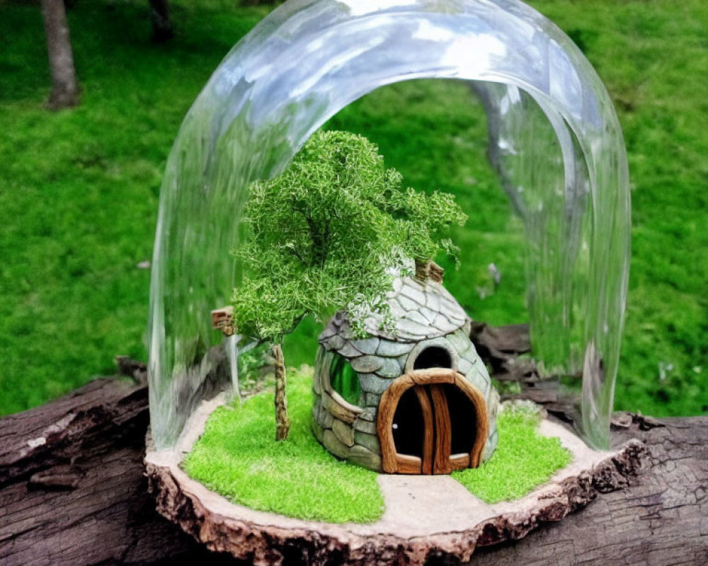 Miniature stone house with green roof and round door under clear dome in garden setting