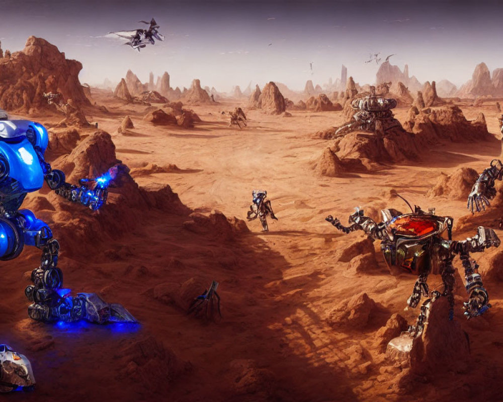 Various futuristic robots on desert landscape with flying crafts