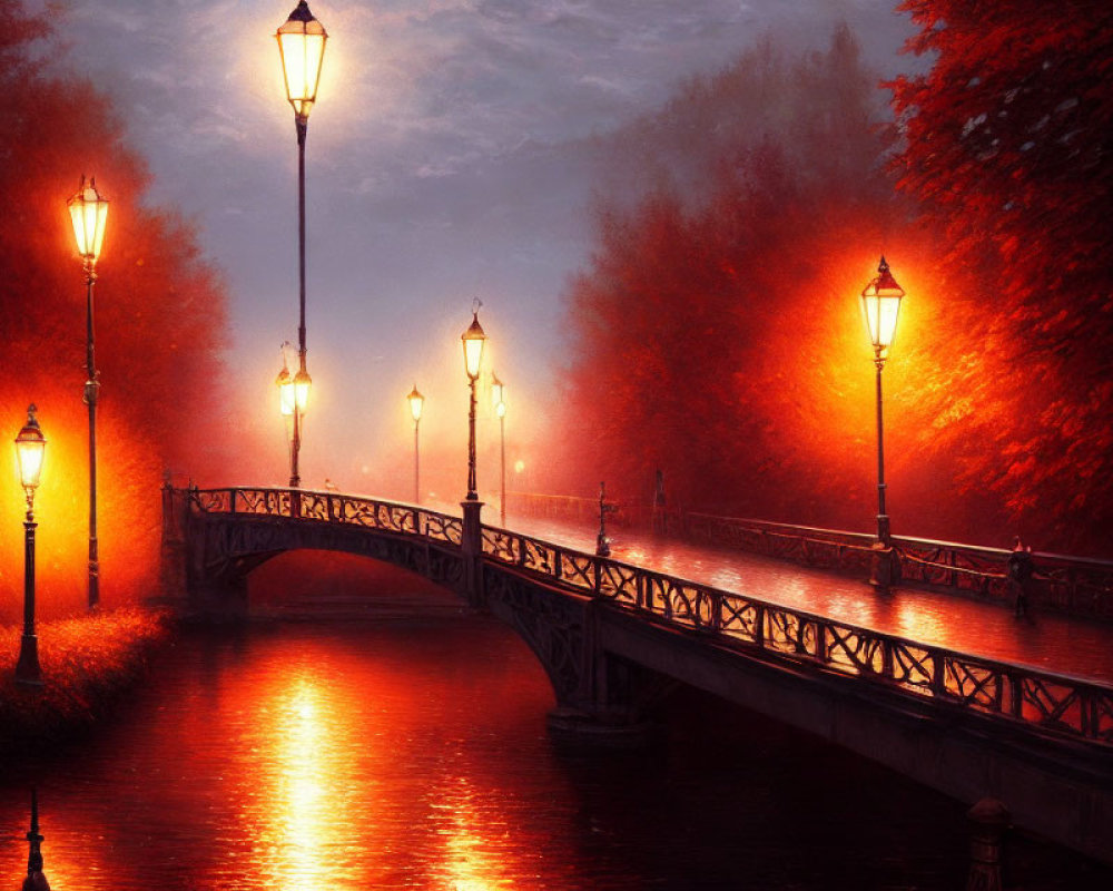 Twilight scene: illuminated bridge over calm river