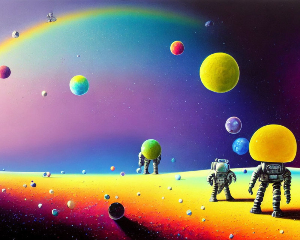 Colorful space artwork with astronauts, rainbow, and planets.