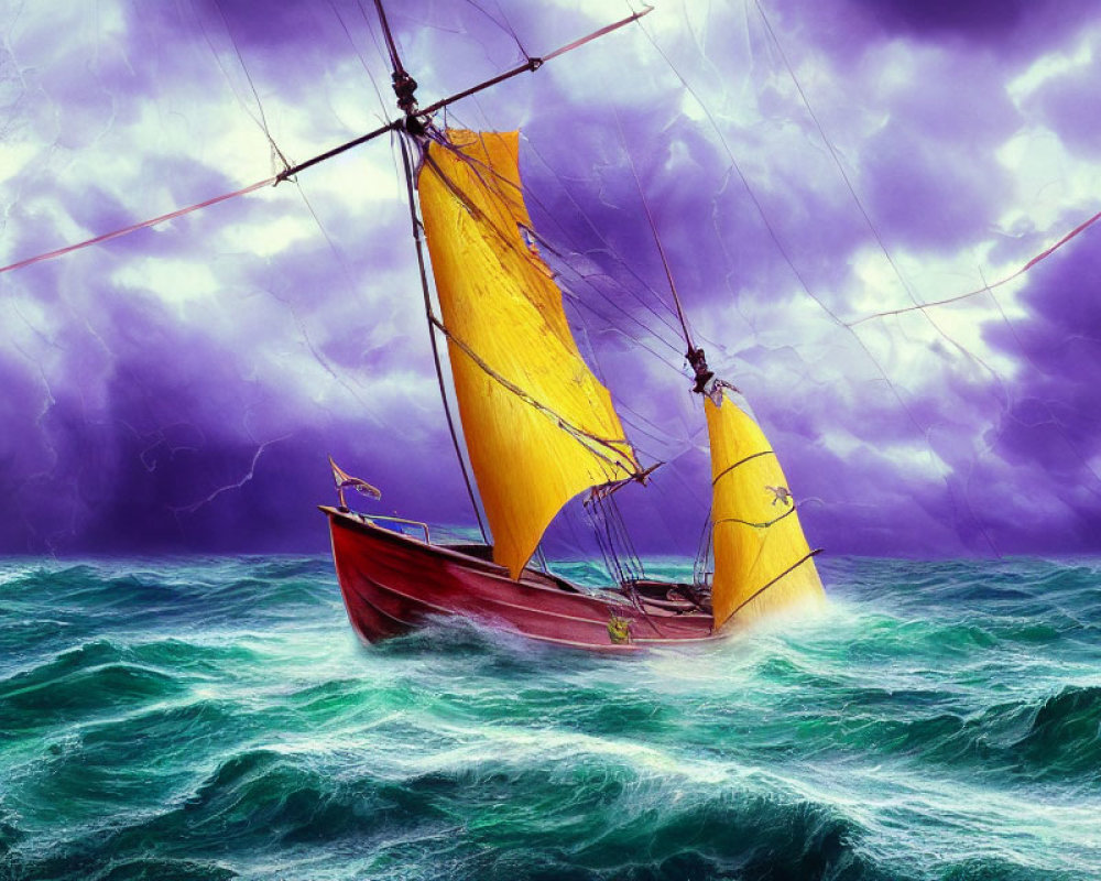 Red Sailboat with Yellow Sails in Stormy Seas under Purple Sky