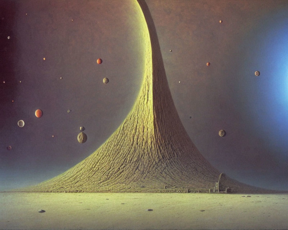 Surreal landscape with conical structure, planets, lone building, cosmic backdrop