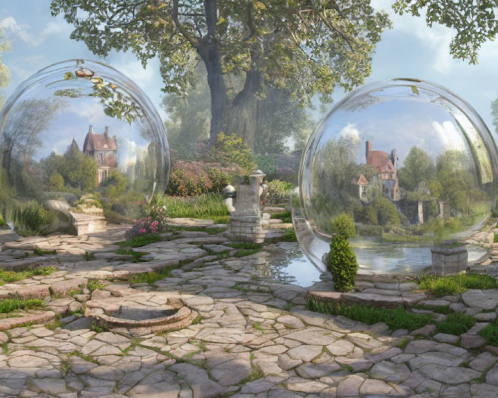 Tranquil garden scene with glass spheres reflecting village and lush greenery