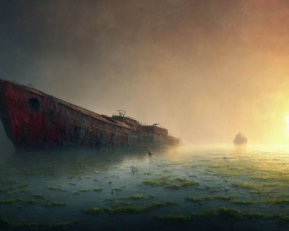 Rusted shipwreck in shallow water under stormy sky with moss and sunlit mist