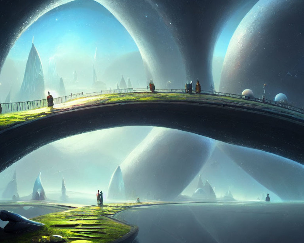 Futuristic landscape with curved pathway, arches, city skyline, and distant planets.