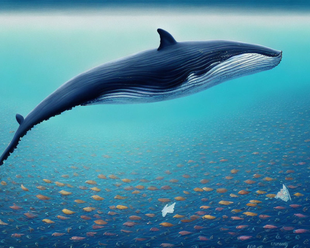 Whale swimming over colorful stones with two fish in tranquil blue waters