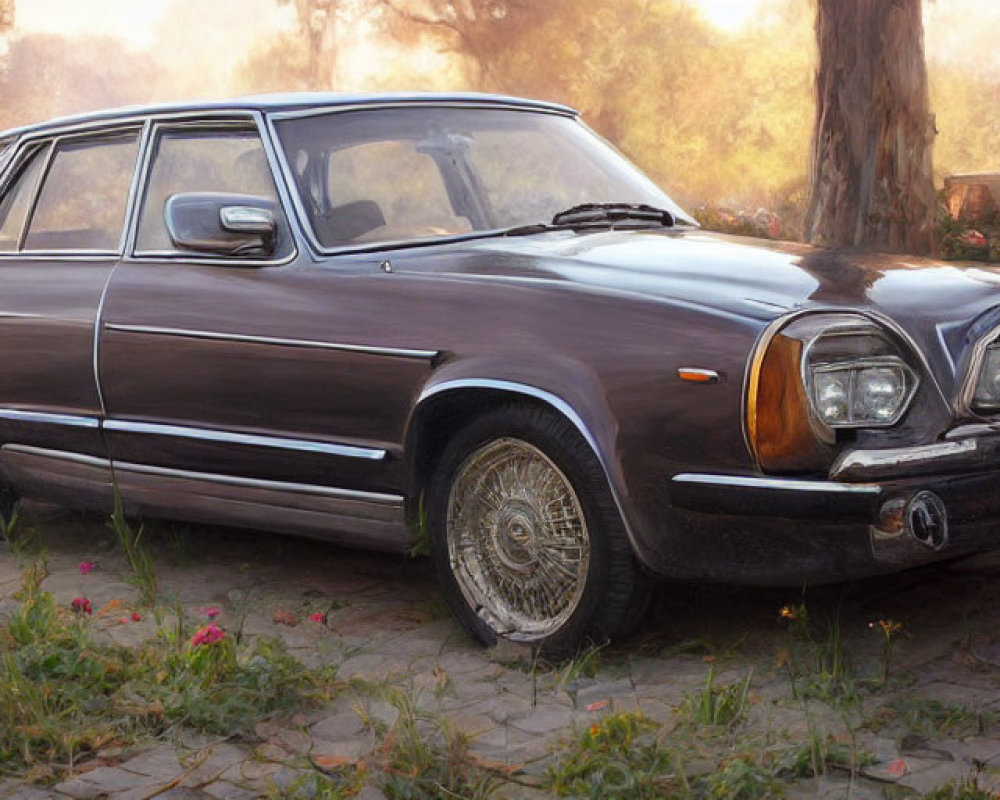 Vintage car with unique grille and headlights in forest clearing