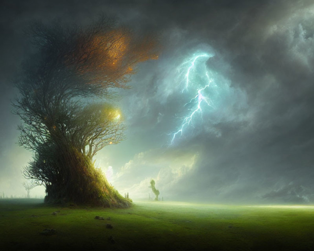 Mystical landscape with large tree, orange leaves, lightning bolt