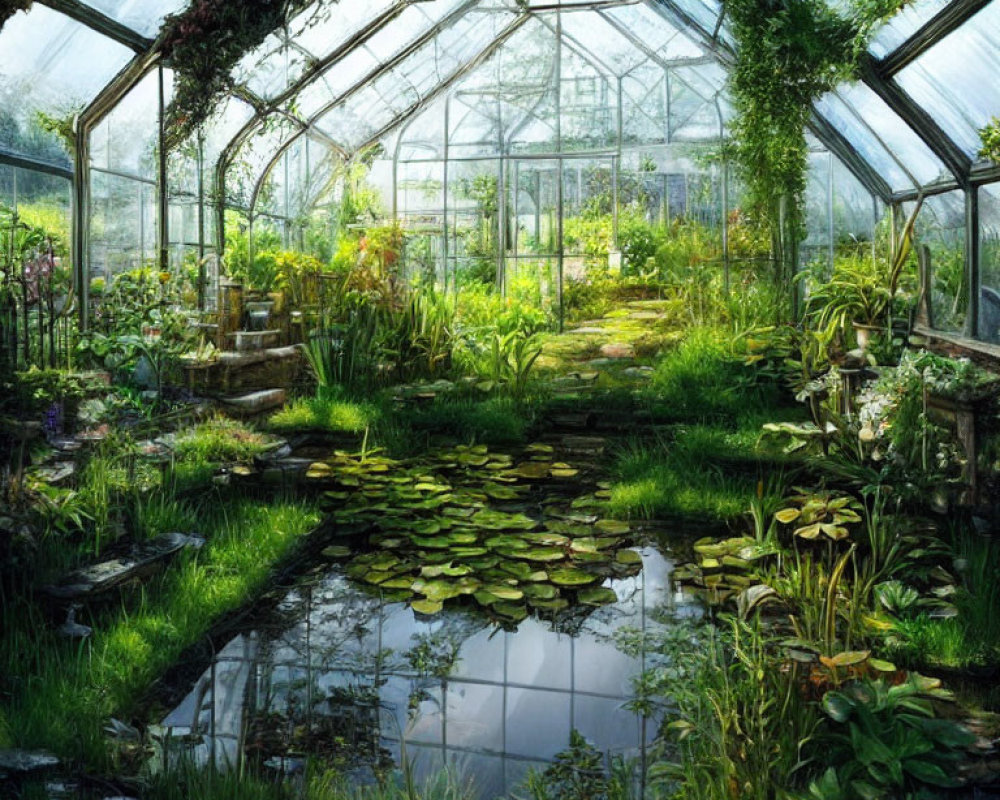 Greenhouse with Pond, Water Lilies, Abundant Greenery, Glass Structure