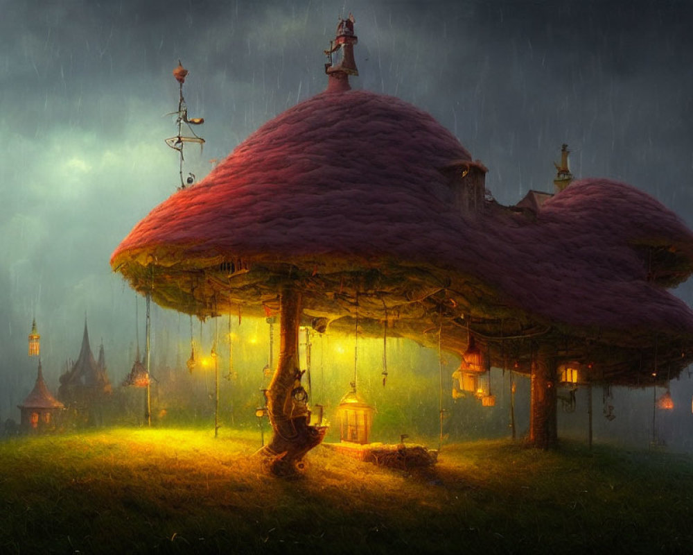 Giant mushroom with glowing lanterns illuminating figure in rain-soaked twilight landscape