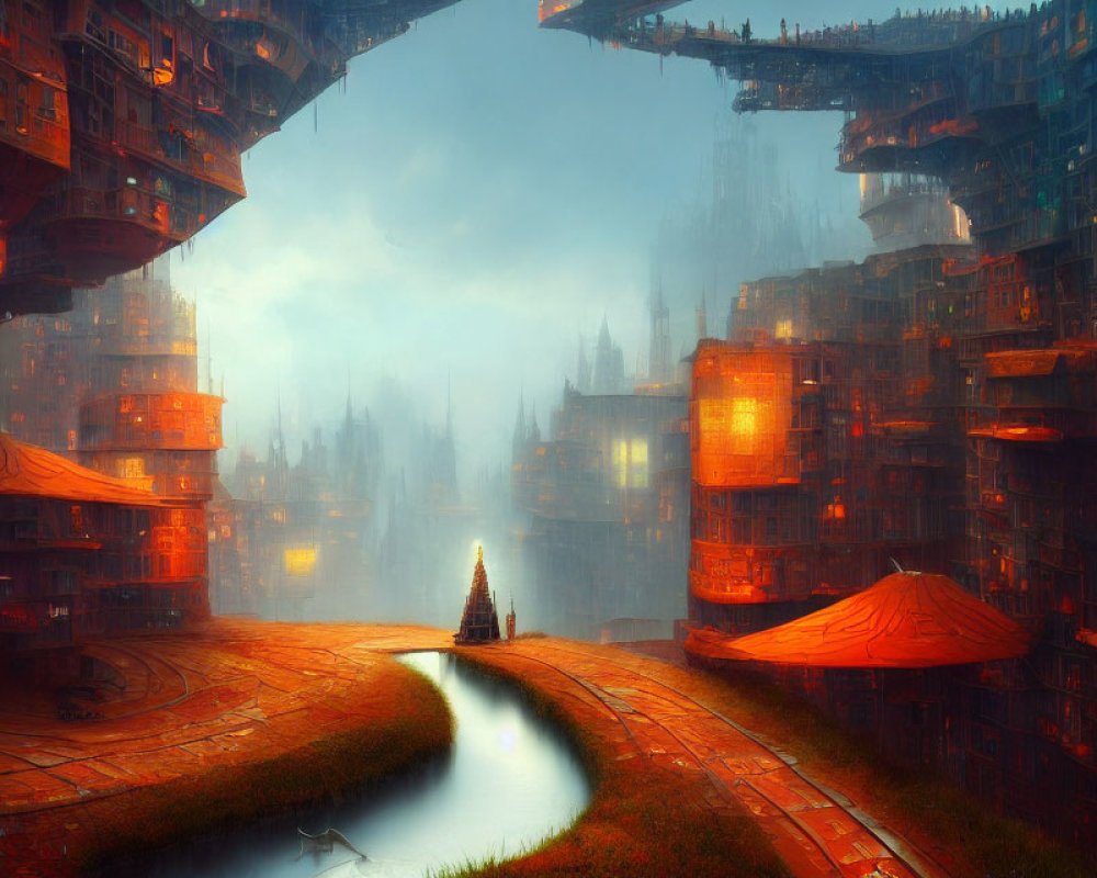 Surreal dystopian cityscape with interconnected structures, canal, and orange tents