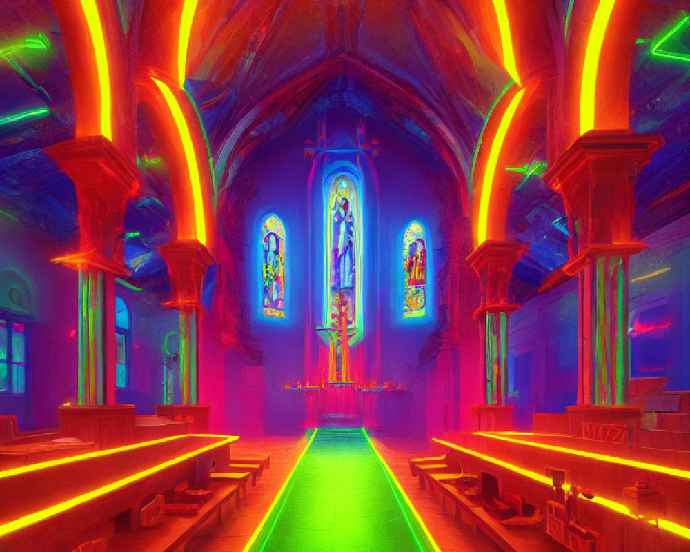 Colorful Stained Glass Windows in Neon-Lit Church Interior