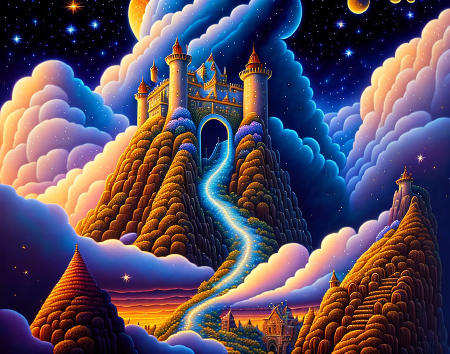 Fantasy castle on hills under starry sky and glowing path.