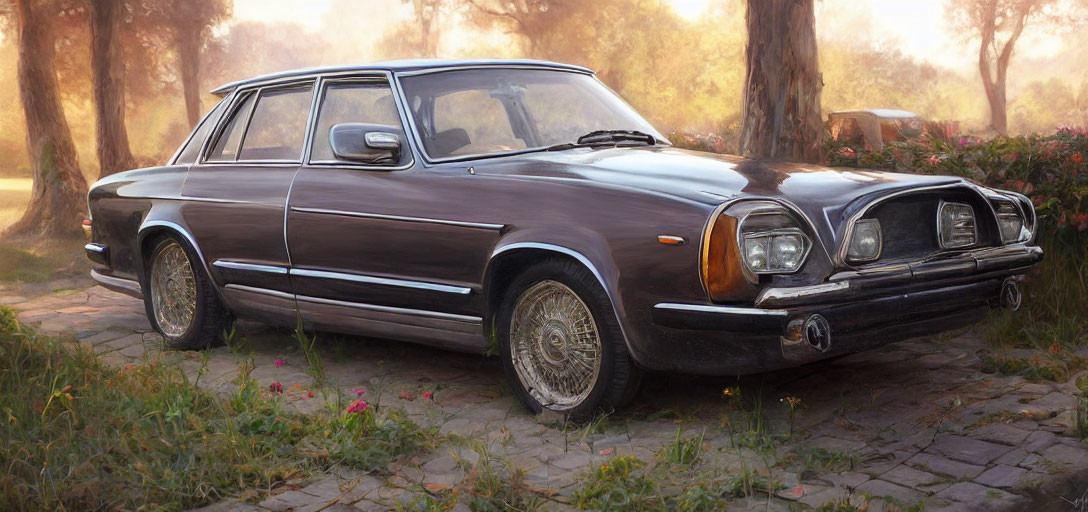 Vintage car with unique grille and headlights in forest clearing