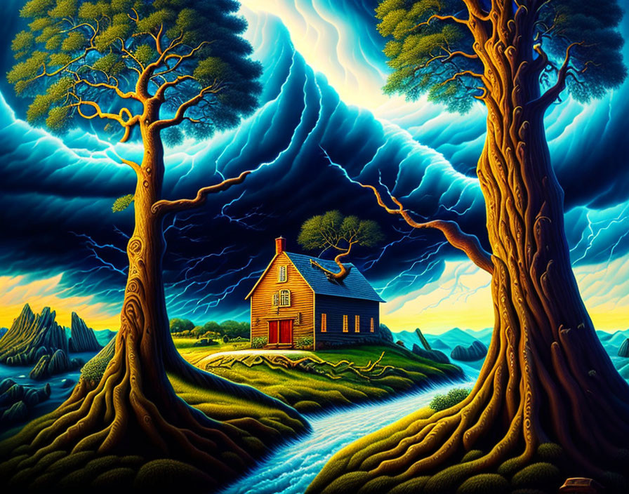 Colorful painting: Red house, trees, swirling sky, lightning.