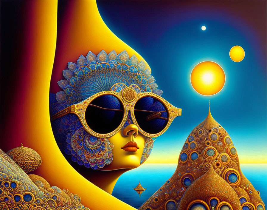 Colorful surreal artwork: stylized face with ornate sunglasses against whimsical backdrop