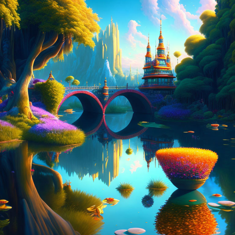 Fantasy landscape with reflective river, ornate bridge, colorful flora, water lilies, and majestic