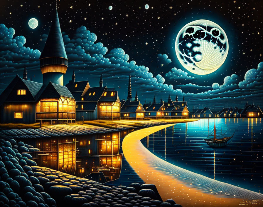 Enchanting night village by river under starry sky