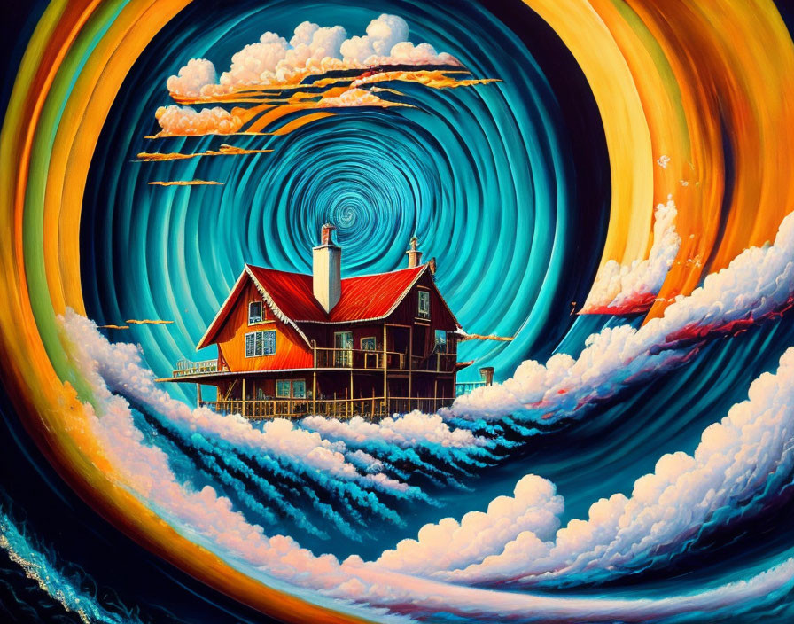 Surreal red house painting in swirling sky with clouds and birds