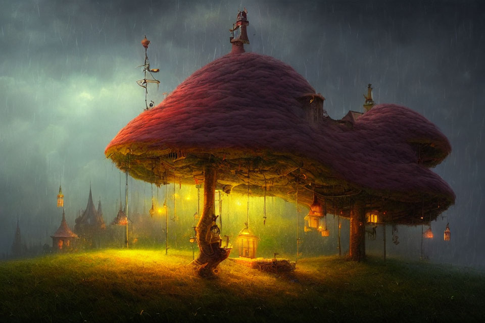 Giant mushroom with glowing lanterns illuminating figure in rain-soaked twilight landscape