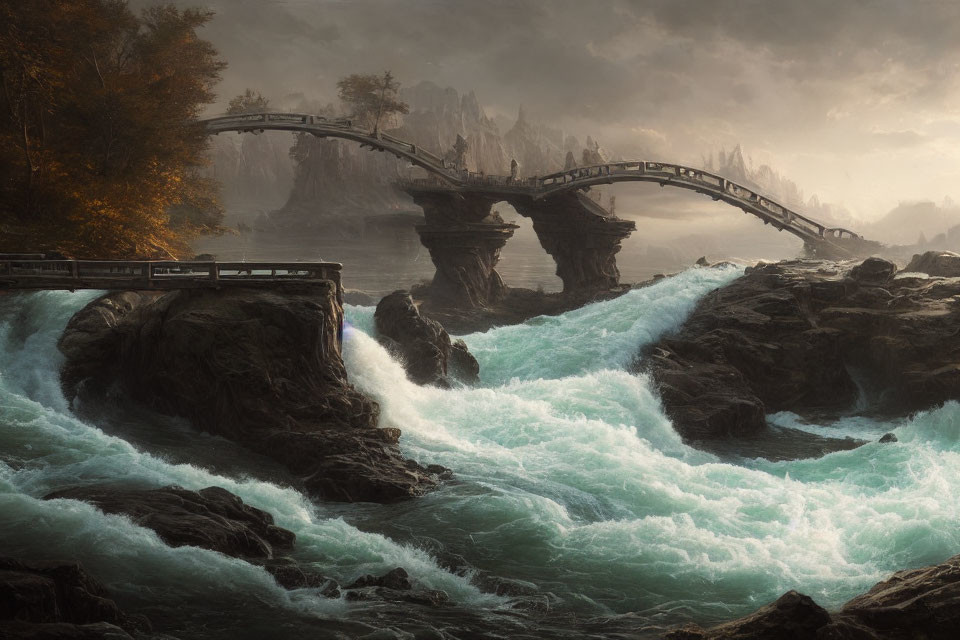 Stone bridge over blue waters in rugged autumn landscape