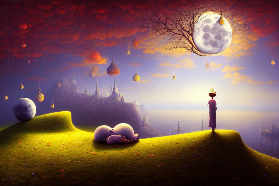 Person and sheep in surreal landscape with oversized moon, floating lightbulbs, and purple sky castle.