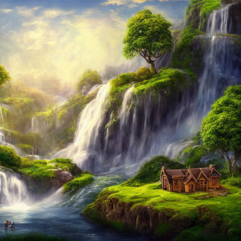 Majestic waterfall in serene landscape with wooden cottage and people