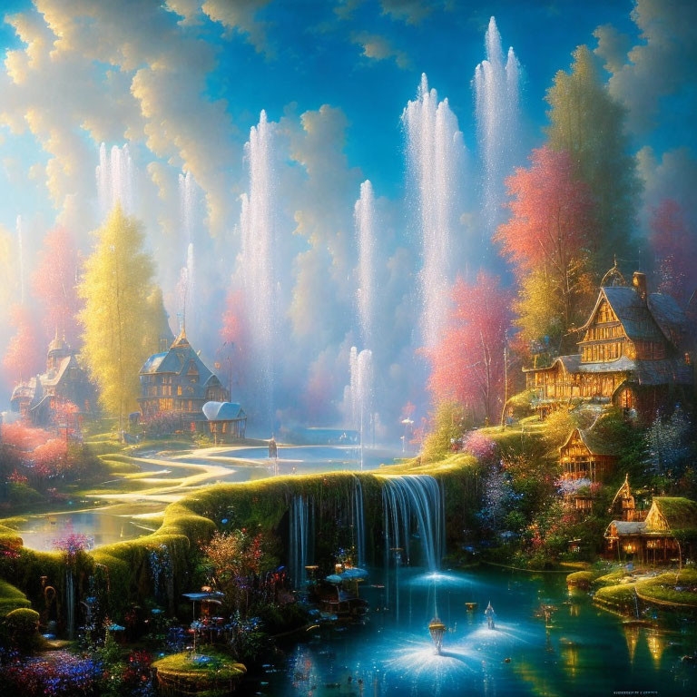 Colorful Fantasy Landscape with Waterfalls, River, and Quaint Houses