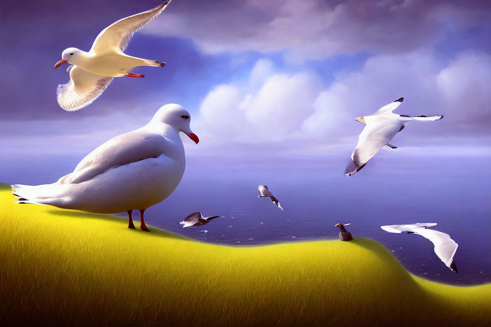 Seagulls Flying and Resting on Grassy Hill with Blue Sky