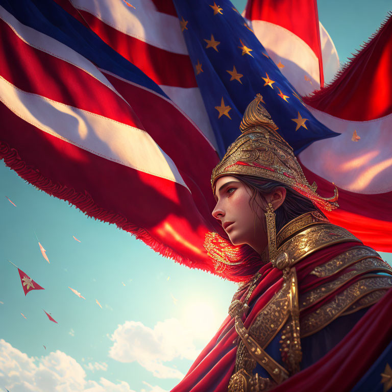 Digital artwork of female warrior in ornate armor with American and EU flags backdrop