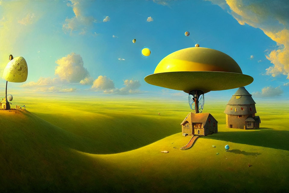 Surreal landscape featuring yellow flying saucer, whimsical houses, green hills, and floating bubbles